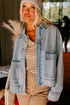 Washed Denim Zip Front Patch Pocket Drop Shoulder Cropped Jacket